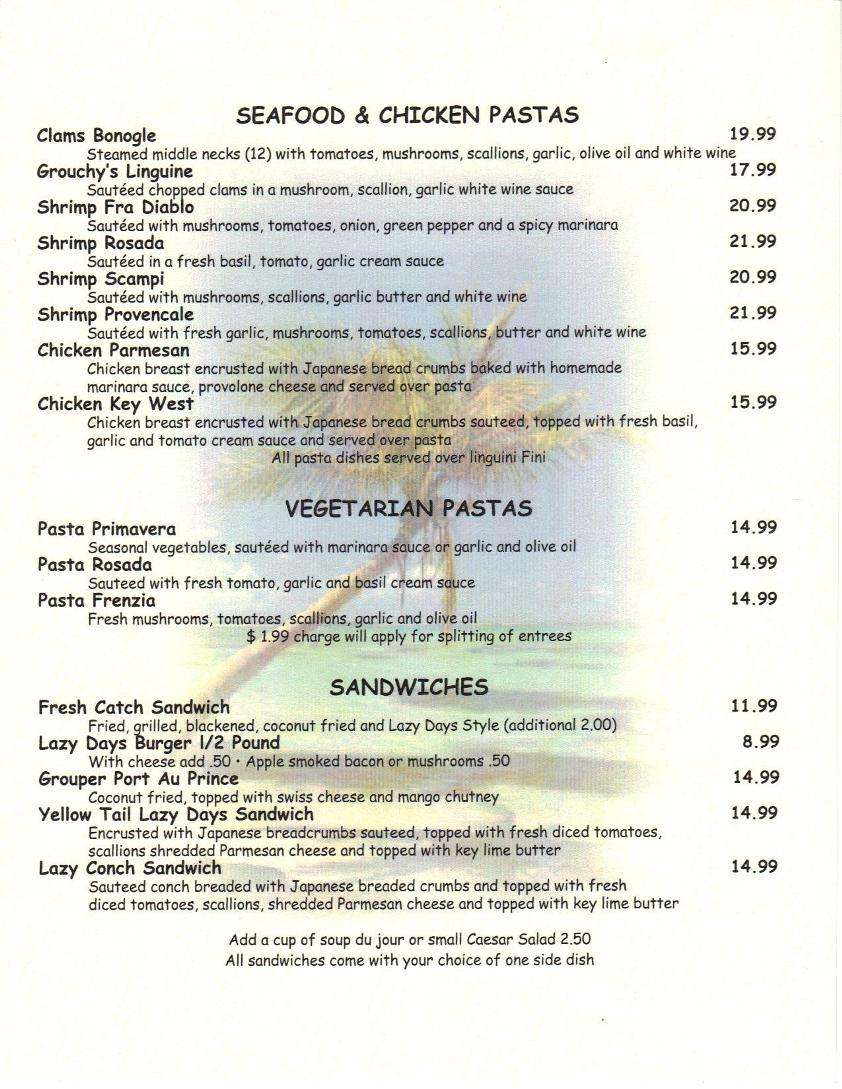 Menu at Lazy Days pub & bar, Islamorada