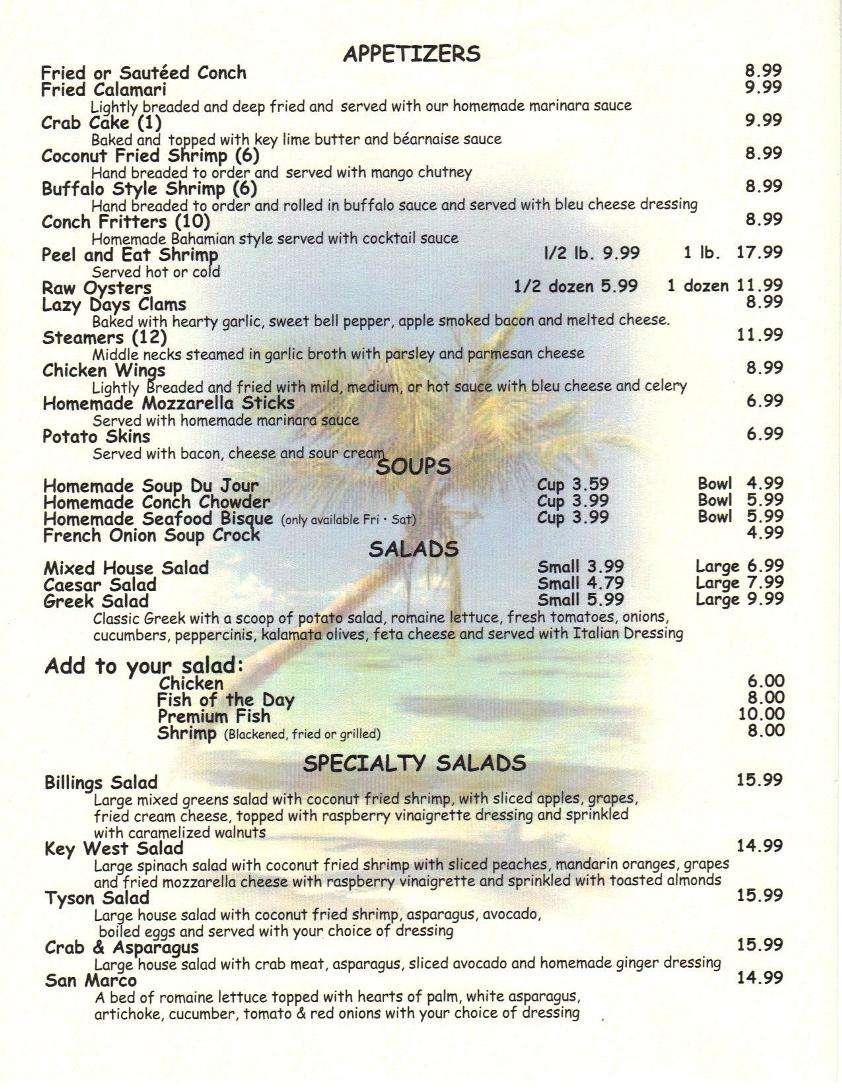 Menu at Lazy Days pub & bar, Islamorada