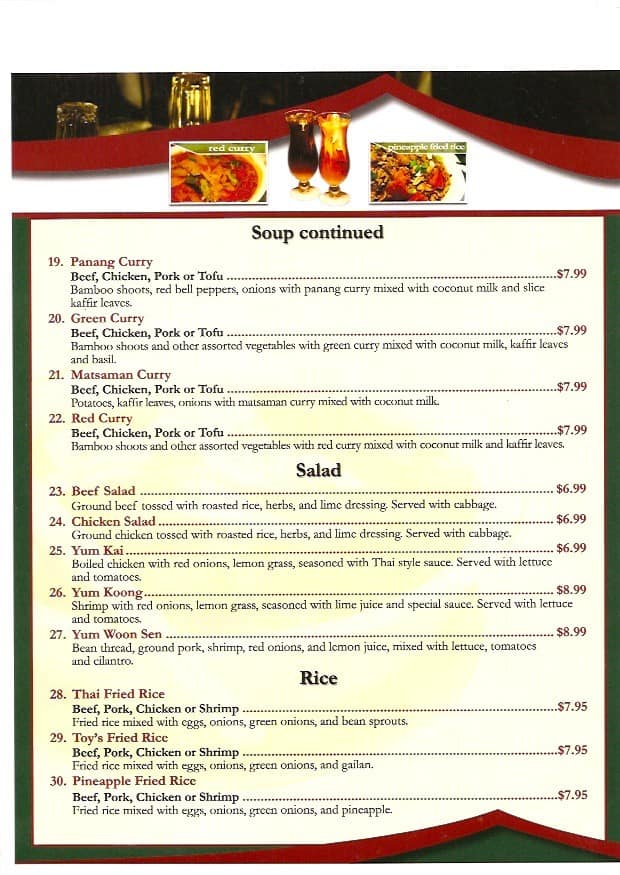 Menu at Toy’s Restaurant, Sheboygan