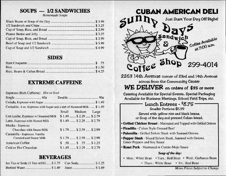 Sunny Days Deli Menu, Menu for Sunny Days Deli, Vero Beach, Treasure Coast Urbanspoon/Zomato