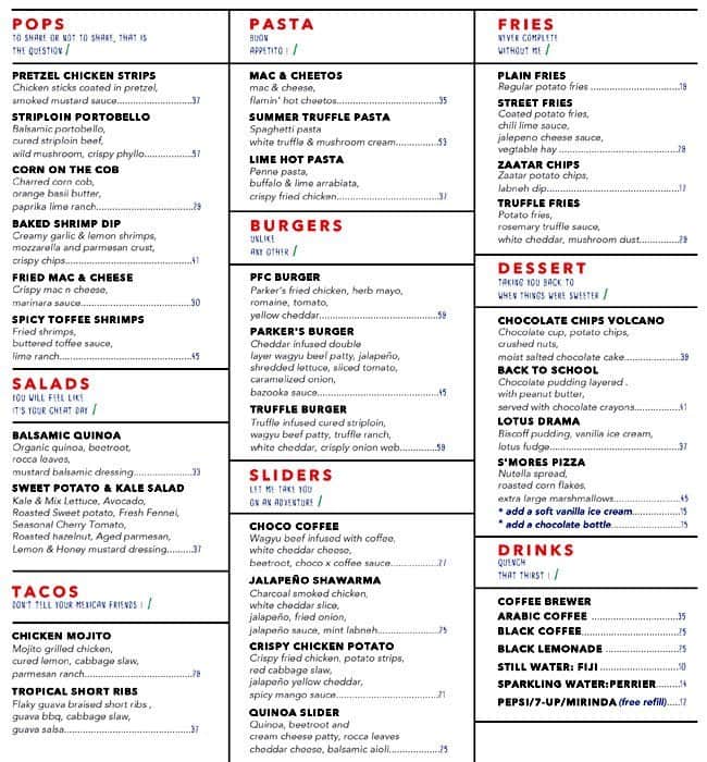 Parkers Menu,Menú para Parkers, Jumeirah 1, Dubai Zomato