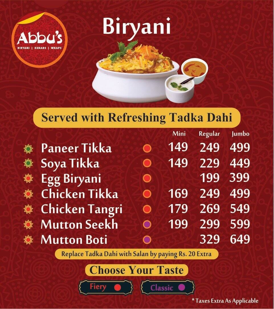 Abbu's - Biryanis, Kebabs & Wraps Menu - Zomato