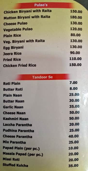 Payal Restaurant menu