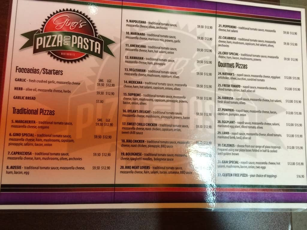 Carta Del Restaurante Gino S Pizza And Pasta Shepparton