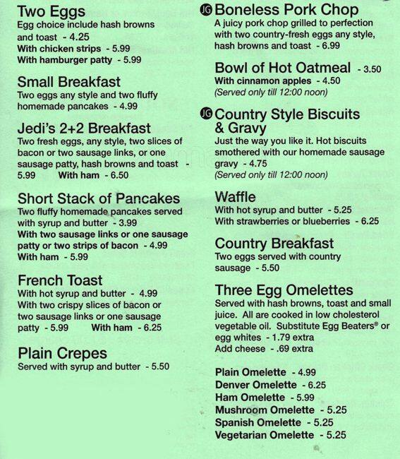 Menu at Jedi's restaurant, Oak Lawn