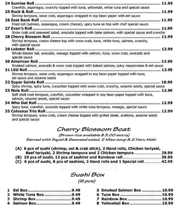 Menu at Cherry Blossom restaurant, Kenner