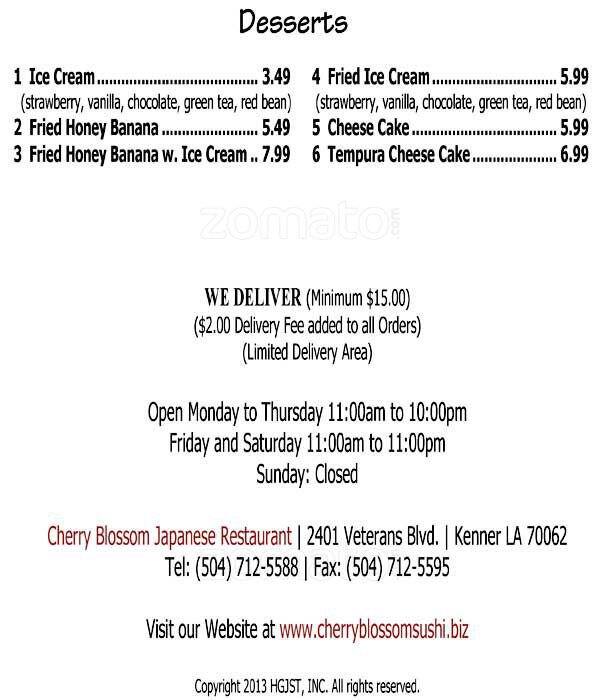 Menu at Cherry Blossom restaurant, Kenner