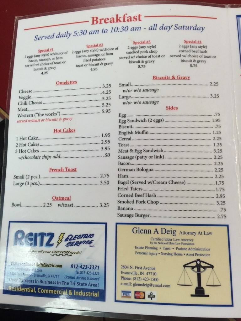 Menu at Libby & Mom's Cafe, Evansville