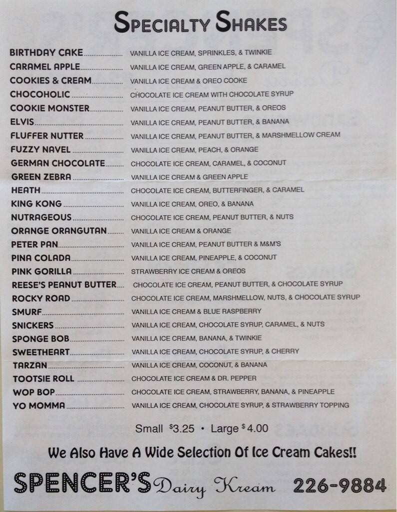 Menu at Spencer's Dairy Kream fast food, Grenada