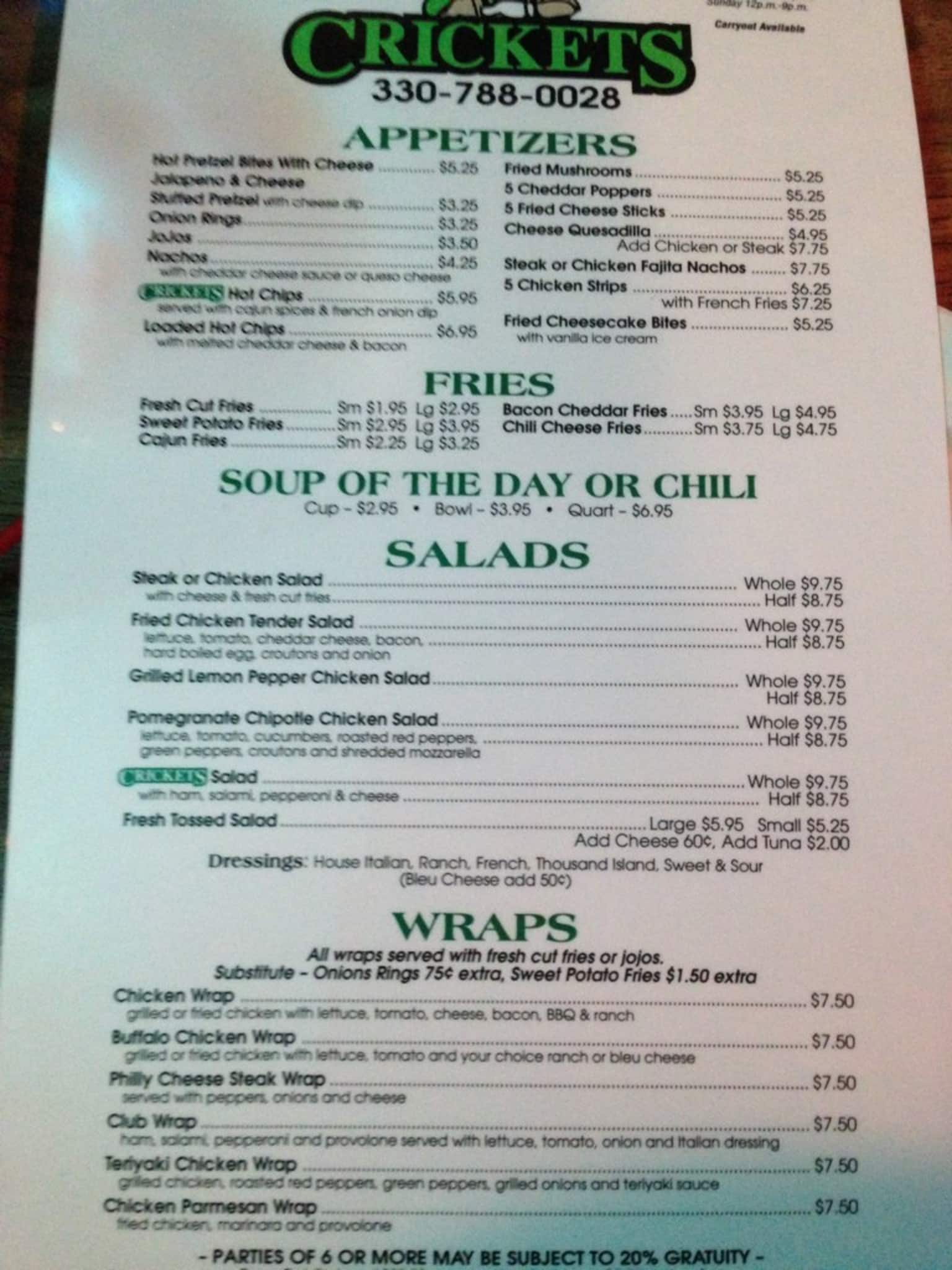Menu at Cricket pub & bar, Youngstown