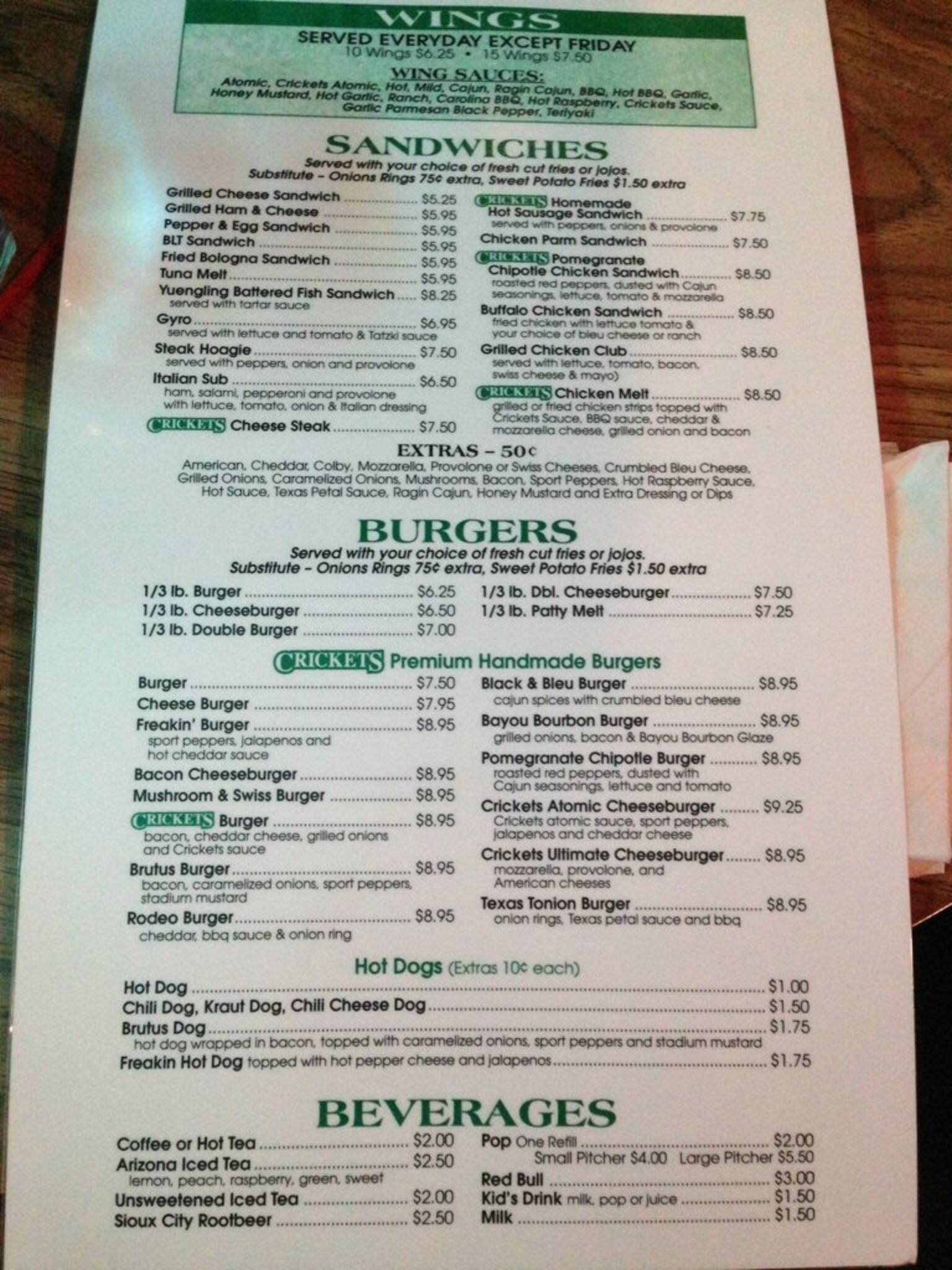 Menu at Cricket pub & bar, Youngstown