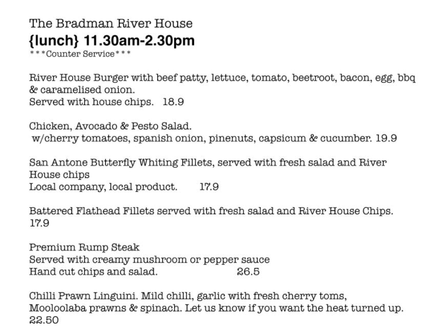 Menu at Bradman River House restaurant, Maroochydore