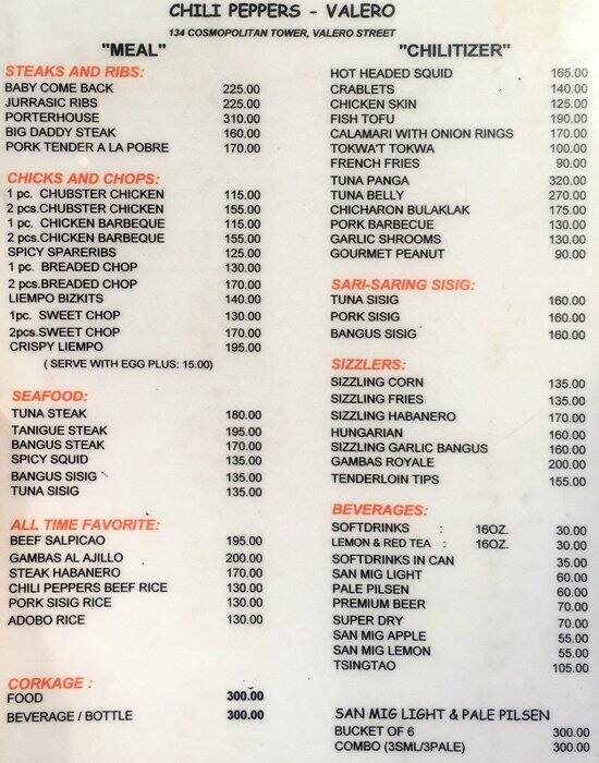 Chili Peppers Menu, Menu podniku Chili Peppers, Salcedo Village, Makati