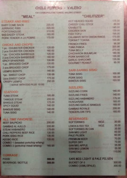 Chili Peppers Menu, Menu podniku Chili Peppers, Salcedo Village, Makati