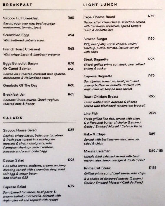 Sirocco Menu, Menu for Sirocco, Kalk Bay, Bay Area, Cape Town Zomato SA