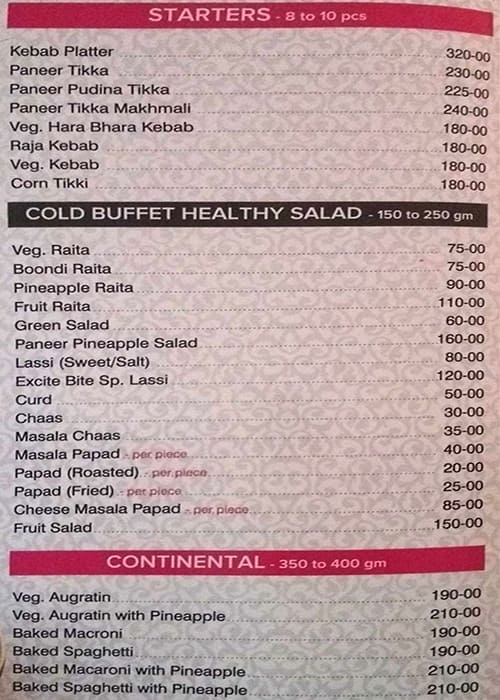 Excite Bite Restaurant menu