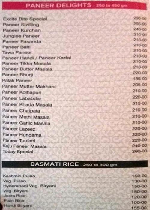 Excite Bite Restaurant menu