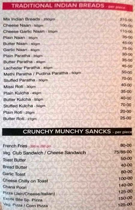 Excite Bite Restaurant menu