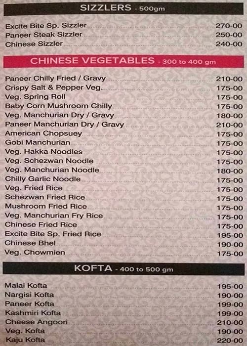 Excite Bite Restaurant menu