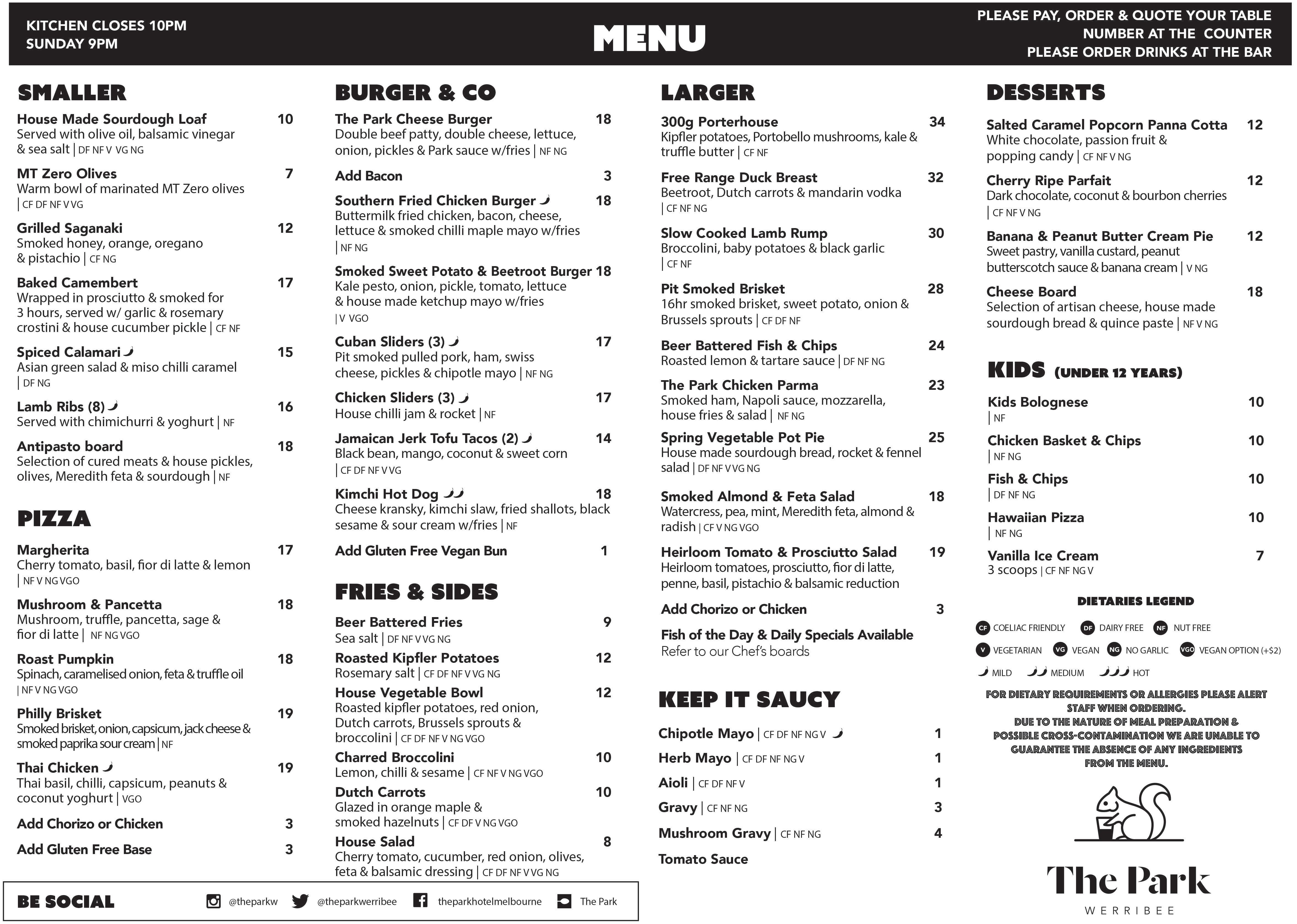 The Park menu, Menu restauracji The Park, Werribee, Melbourne