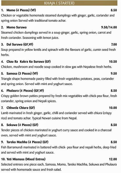 Menu at Yeti Nepalese Restaurant, Goodwood, 147 Goodwood Rd