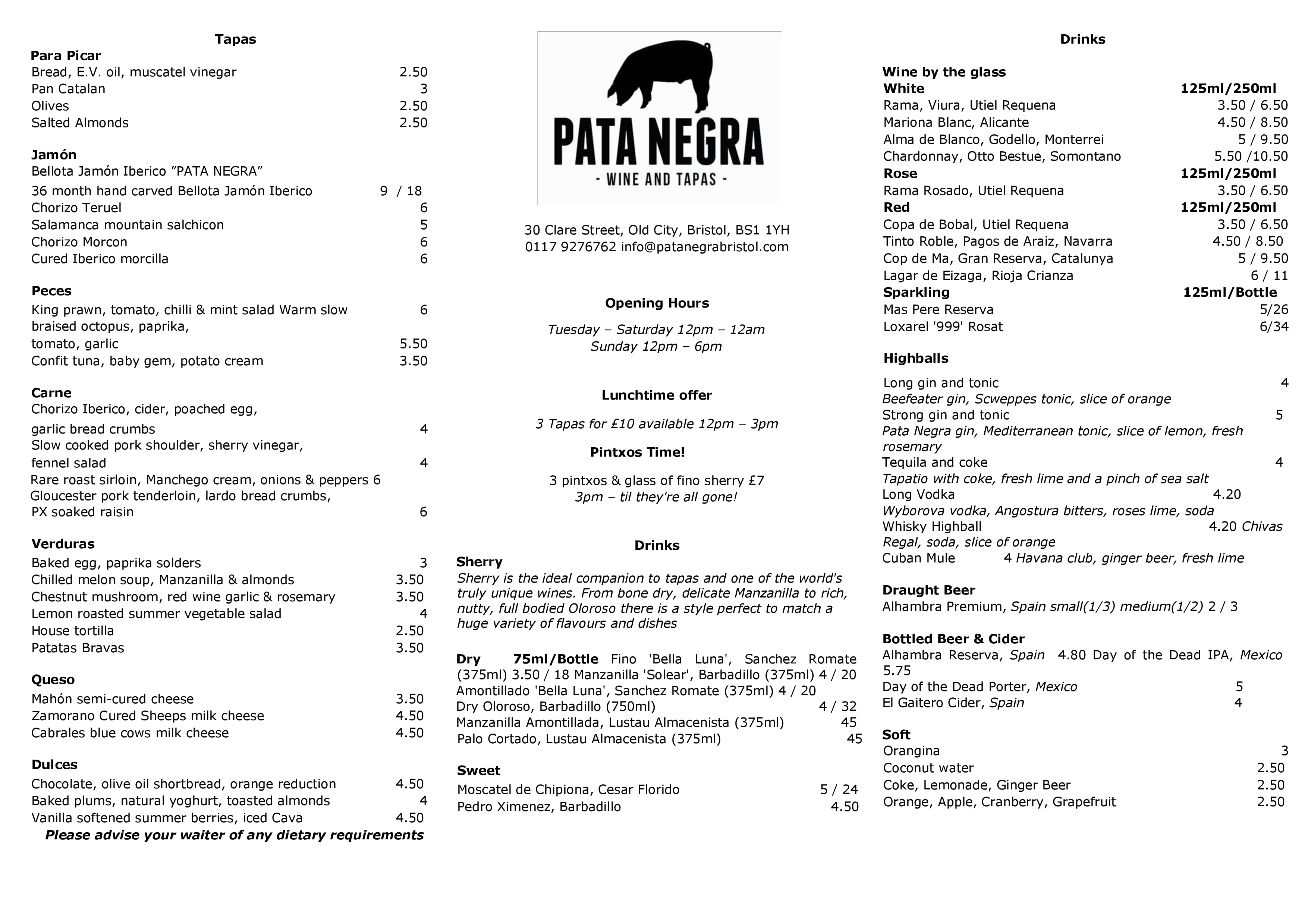 Pata Negra Menu, Menu For Pata Negra, Bristol, South West England 