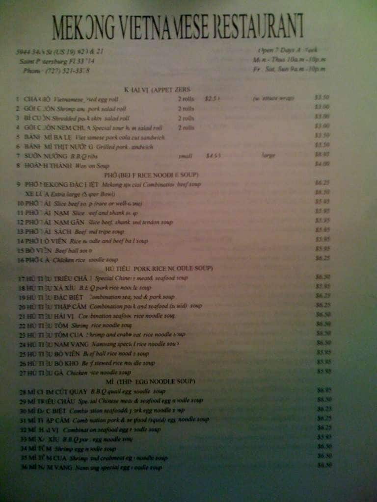 Mekong Vietnamese Menu, Menu v reštaurácii Mekong Vietnamese, West and