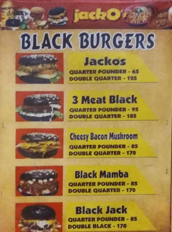 Menu at Jacko's Burger restaurant, Manila, 1175 Padre Noval St