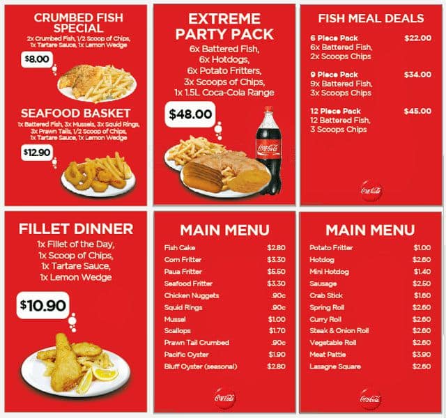 Menu at Porirua Seafoods, Wellington
