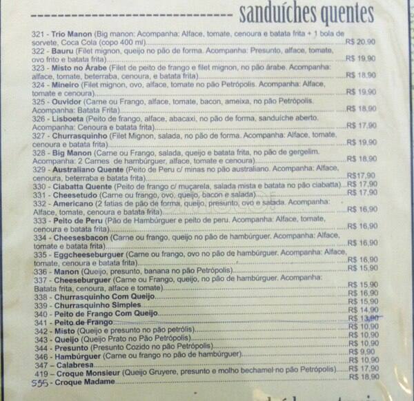 Clássicos Manóh cardápio