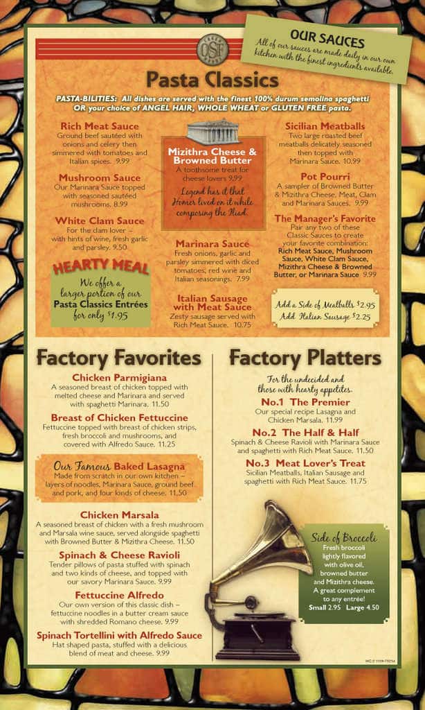 Menu at The Old Spaghetti Factory restaurant, Duarte