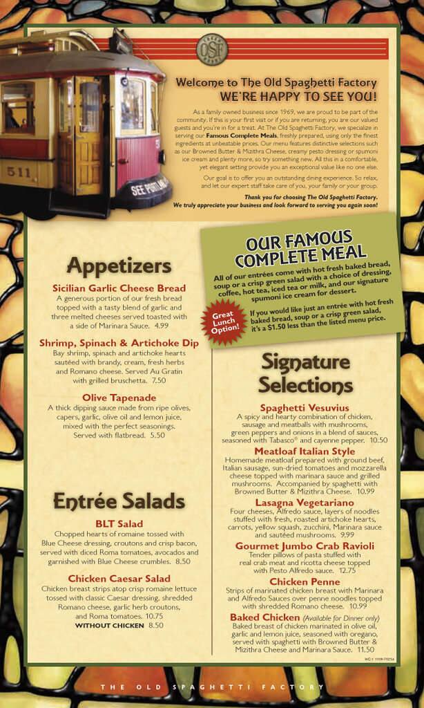 Old Spaghetti Factory Menu, Menu for Old Spaghetti Factory, Duarte