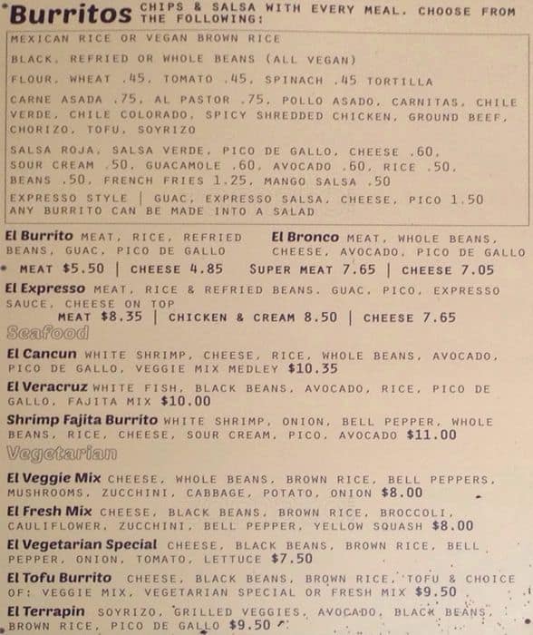 El Burrito Express menu, Menu restauracji El Burrito Express, Lower