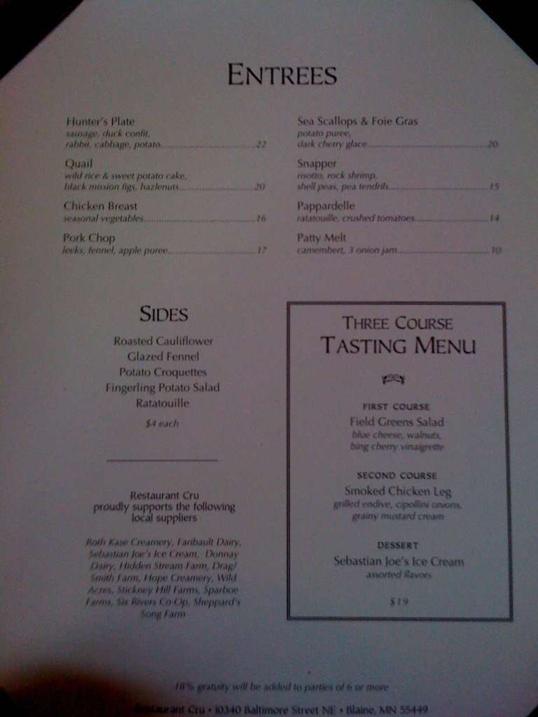 Menu at Restaurant Cru, Blaine