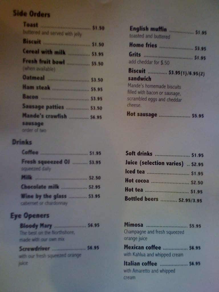 Menu at Mande's restaurant, Mandeville