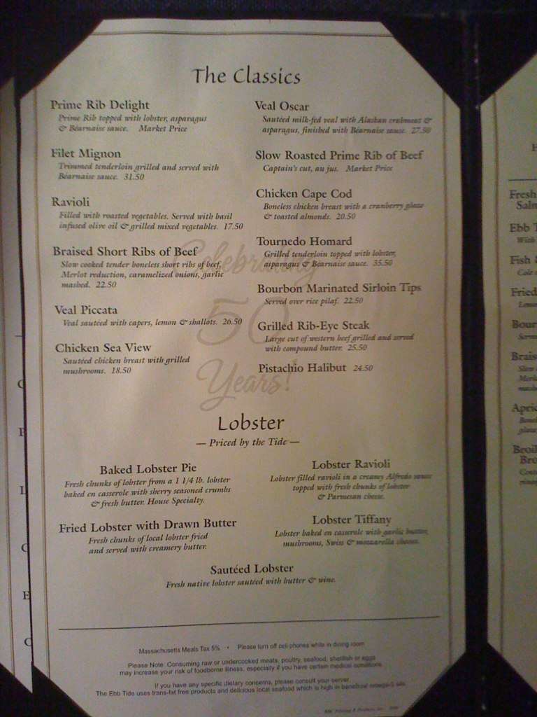 Menu at The Ebb Tide Restaurant, Dennis