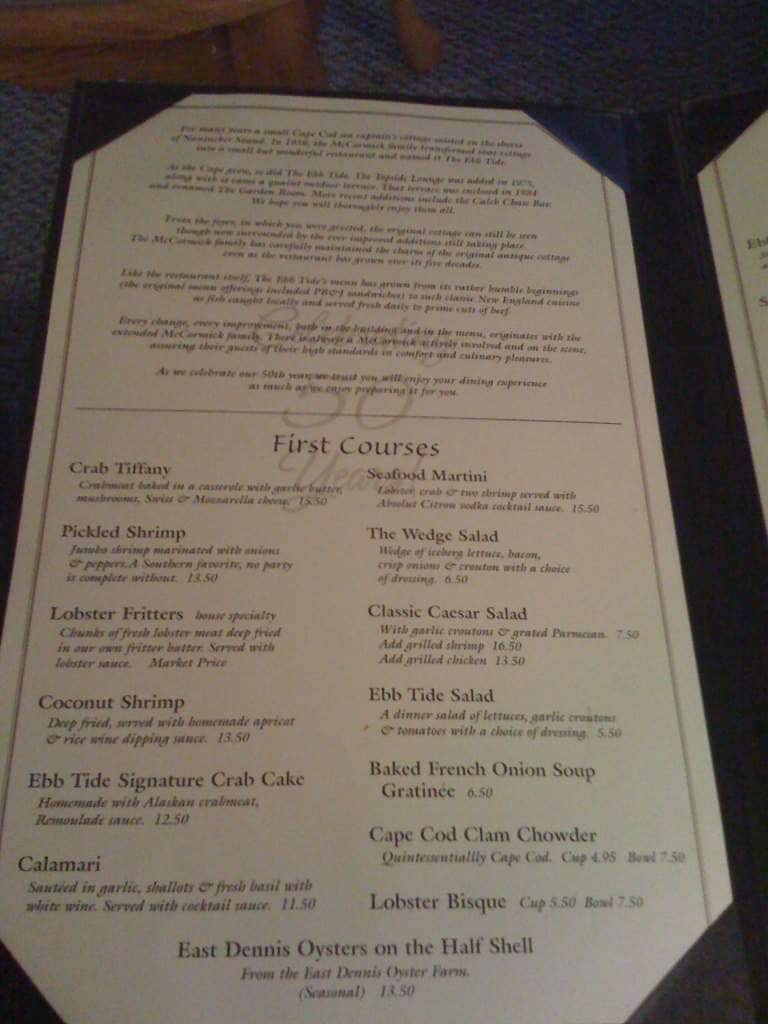 Menu at The Ebb Tide Restaurant, Dennis