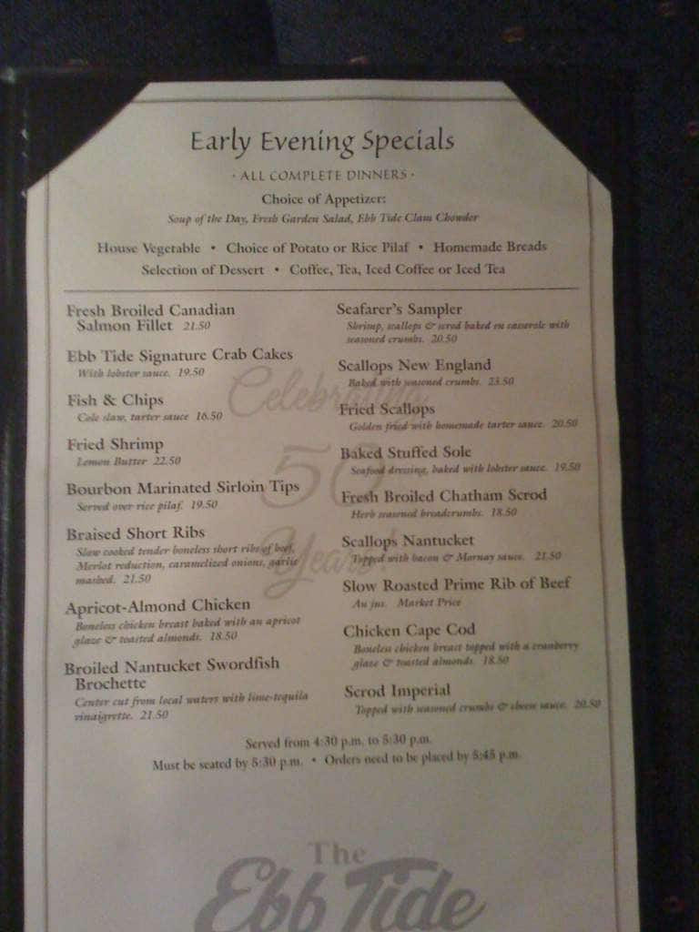 Menu at The Ebb Tide Restaurant, Dennis