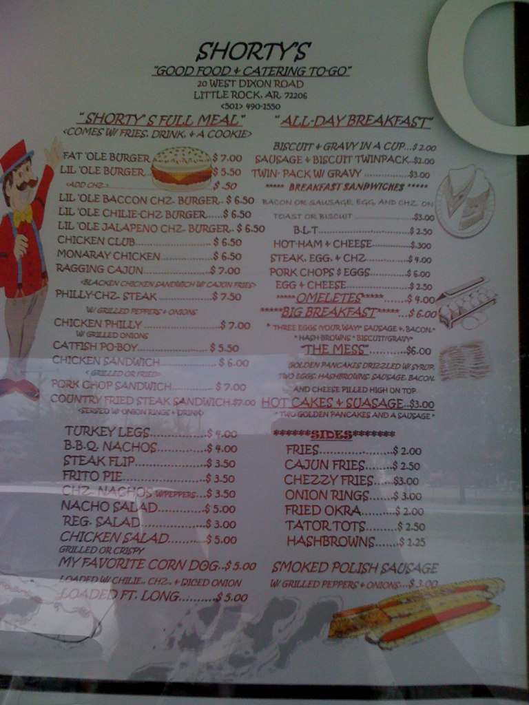 Shorty's DriveInn Menu, Menu for Shorty's DriveInn, Little Rock