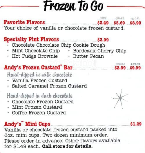 Menu at Andy's Frozen Custard desserts, Pflugerville, Limestone