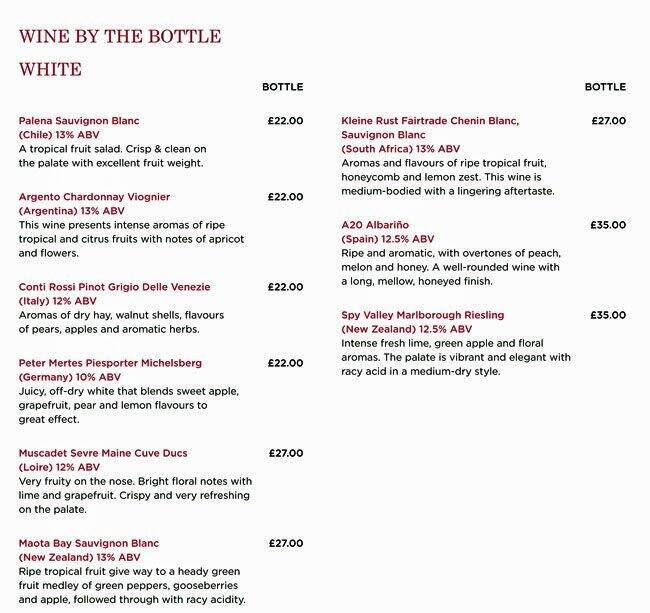 Aqua Bar & Grill - Bromley menu