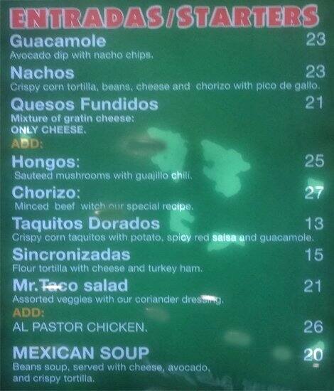 Mr Taco menu