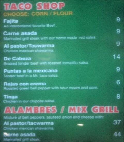 Mr Taco menu