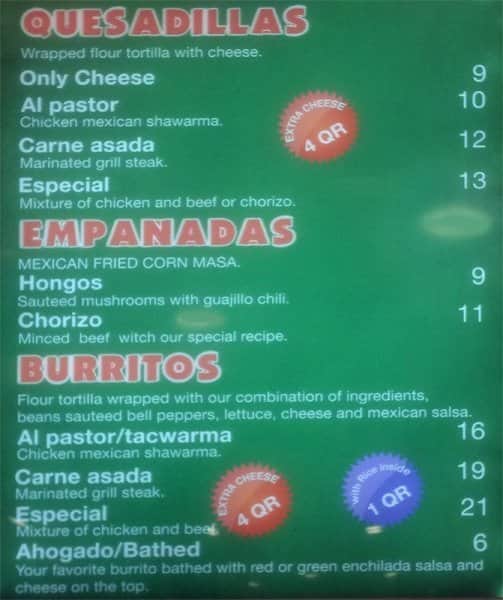 Mr Taco menu
