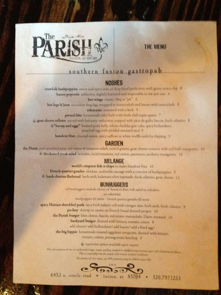 Menu at The Parish restaurant, Tucson