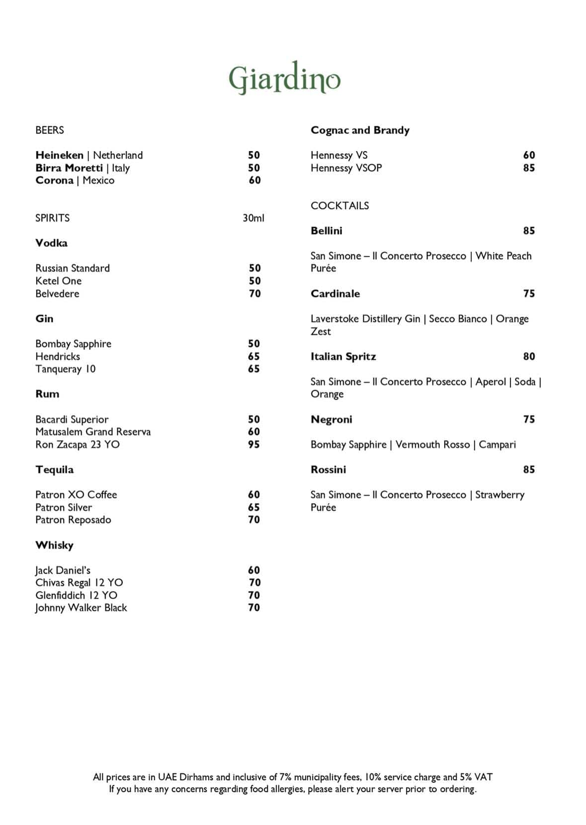 Menu of Giardino Palazzo Versace Dubai, Al Jaddaf, Dubai