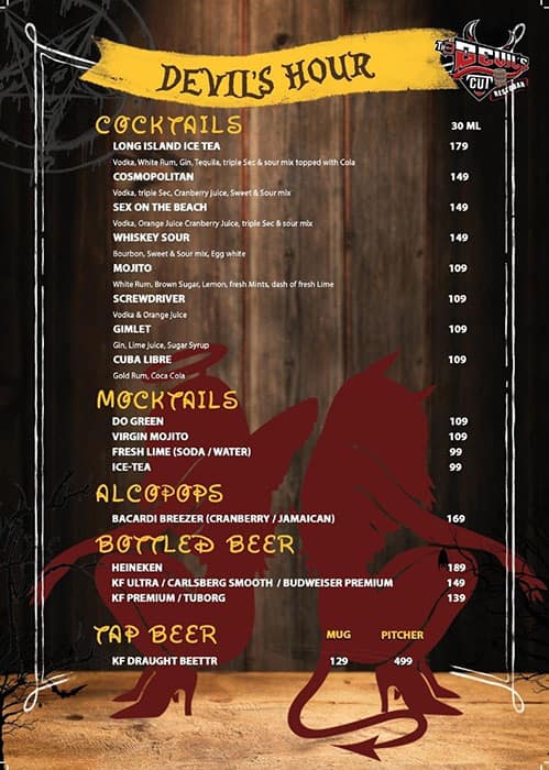 Menu at The Devil's Cut, Hyderabad