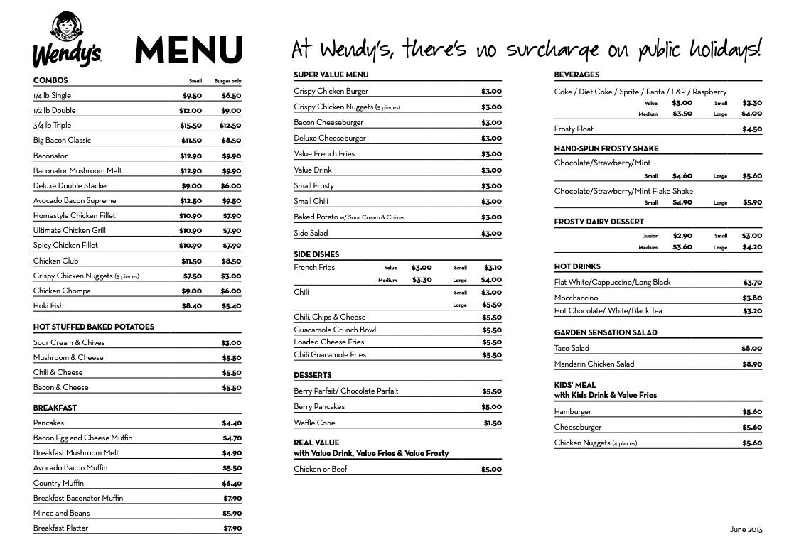 Wendy's Menu, Menu for Wendy's, Paraparaumu Beach, Wellington