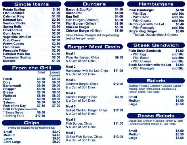 Menu at Billy's Fresh Seafood And Burgers fast food, North Ryde