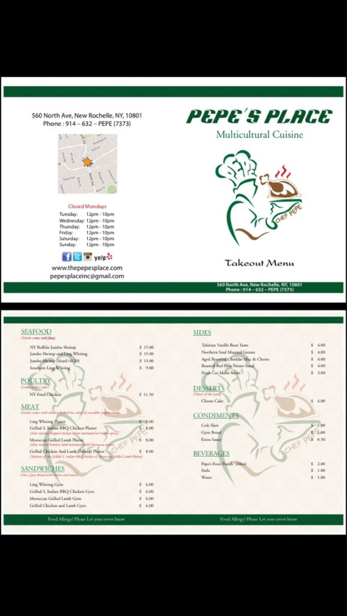 Menu at Pepe's Place restaurant, New Rochelle